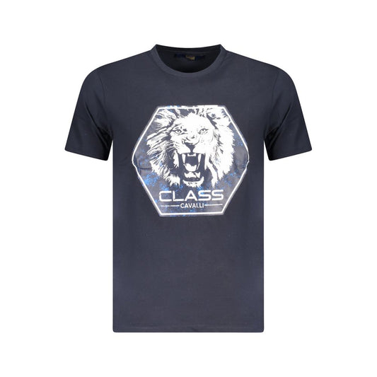 Cavalli Class Blue Cotton Men T-Shirt with bold lion print and logo, showcasing Italian style and comfort, perfect for casual wear.