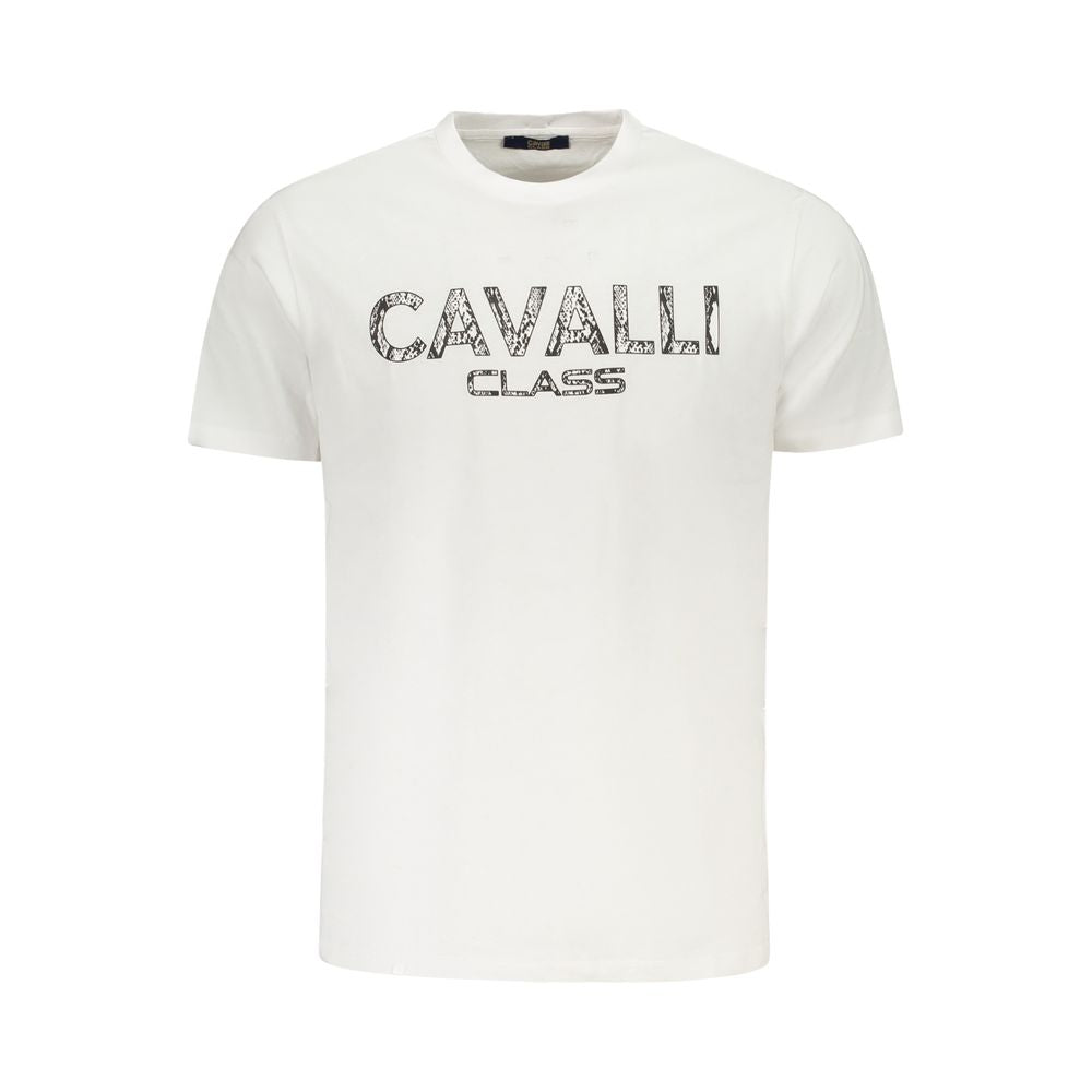 Cavalli Class White Cotton Men T-Shirt with bold print and logo, perfect for stylish comfort.