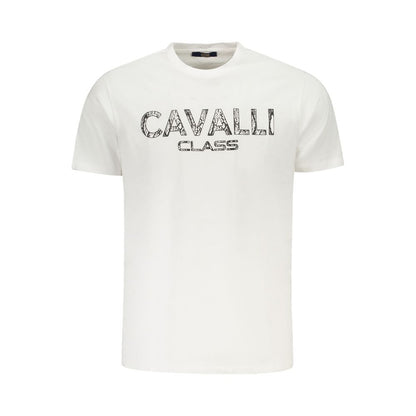Cavalli Class White Cotton Men T-Shirt with bold print and logo, perfect for stylish comfort.