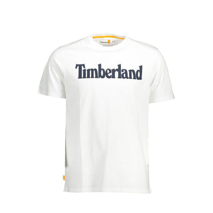Timberland White Cotton Men T-Shirt front view with logo, made from organic cotton, crew neck style.
