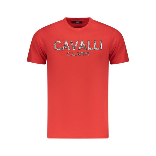 Cavalli Class Red Cotton Men T-Shirt with striking print and crew neck, featuring Cavalli Class logo for luxury fashion.