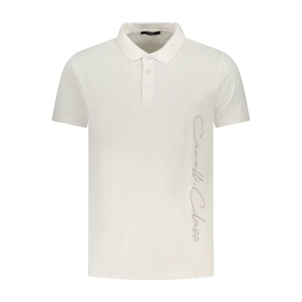 Cavalli Class White Cotton Men Polo Shirt with print and logo detail, short-sleeved, crafted from fine cotton, classic three-button design.