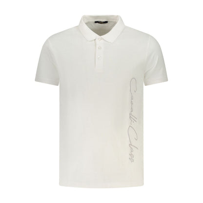 Cavalli Class White Cotton Men Polo Shirt with print and logo detail, short-sleeved, crafted from fine cotton, classic three-button design.