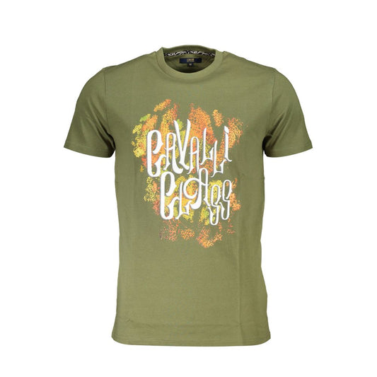 Cavalli Class Green Cotton Men T-Shirt with bold print and logo on front, short sleeve, crew neck, stylish and comfortable.