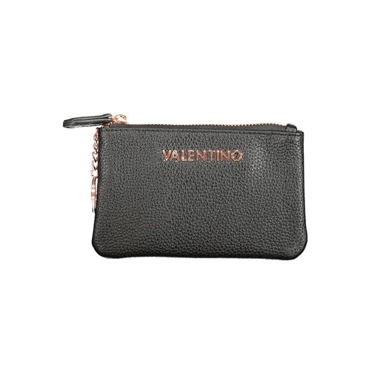 Mario Valentino Black Polyethylene Wallet with zip closure and card slots, featuring internal chain and key ring, logo embossed on front.