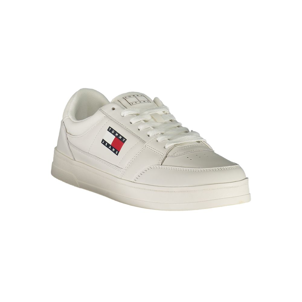 Tommy Hilfiger White Leather Men Sneaker with logo, featuring a sleek design and removable insole for comfort.