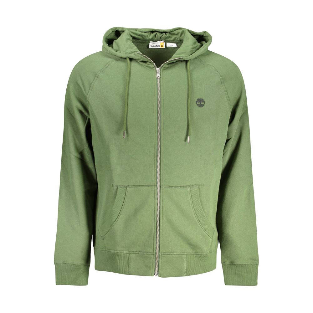Timberland Green Cotton Men Sweater with zip, two pockets, in urban chic design. Perfect for modern style and comfort.