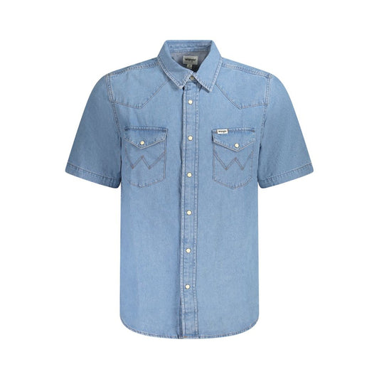Wrangler Light Blue Cotton Men Shirt with automatic fastenings and two pockets, iconic logo, Western style, short sleeves, made of cotton.