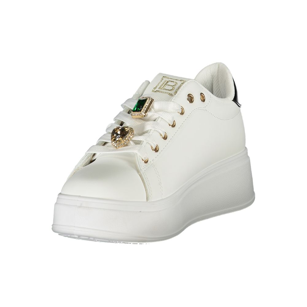 Laura Biagiotti White Synthetic Women Sneaker with removable rhinestone embellishments and 4 cm wedge for comfort and style.