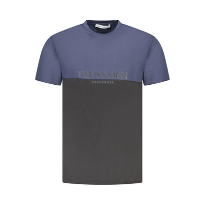 Trussardi Blue Cotton Men T-Shirt with two-tone design and bold logo.