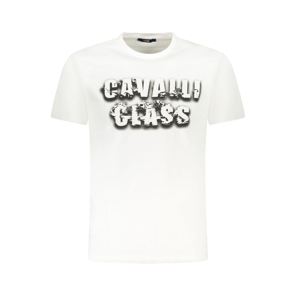 Cavalli Class White Cotton Men T-Shirt with bold logo print, short-sleeve crew neck premium cotton tee for casual luxury style.