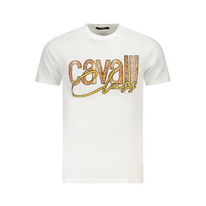 Cavalli Class White Cotton Men T-Shirt featuring elegant logo print, chic style, and premium fabric for modern fashion enthusiasts.