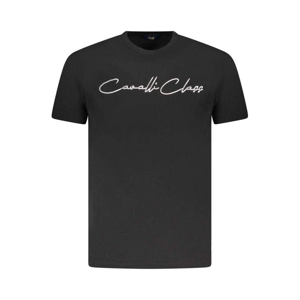 Cavalli Class Black Cotton Men T-Shirt with logo on chest, short sleeves, and crew neck for stylish, luxurious fashion.