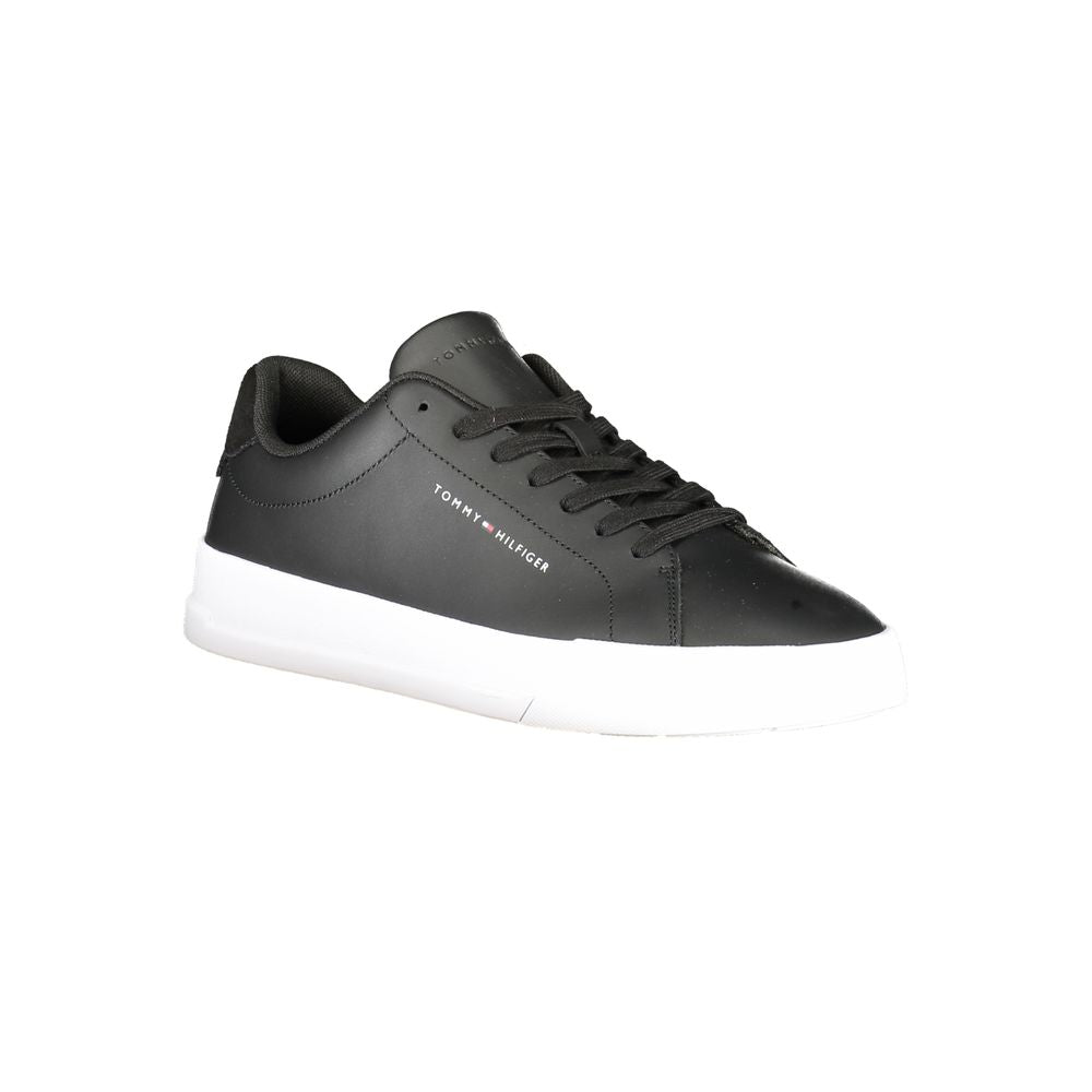 Tommy Hilfiger Black Leather Men Sneaker with white sole and logo detail for a modern stylish look