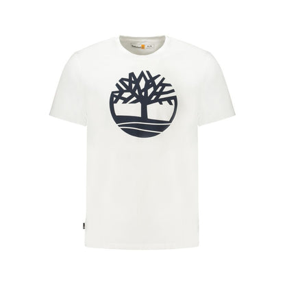 Timberland White Cotton Men T-Shirt with bold logo and crew neck design.