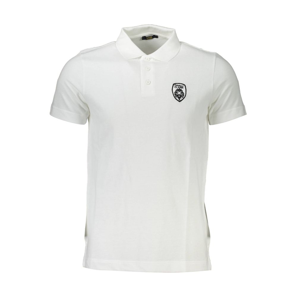 Cavalli Class White Cotton Men Polo Shirt with embroidery and logo on the front, luxury short sleeve design for a classic look.