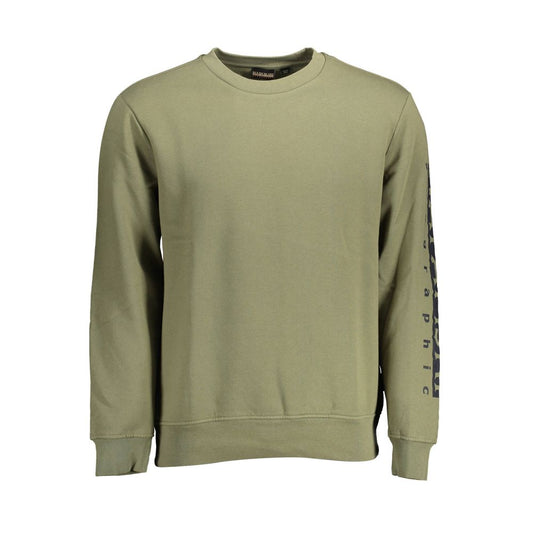 Napapijri Green Cotton Men Sweater with crew neck and logo print, showcasing casual style and comfort.
