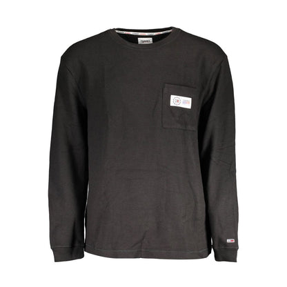 Tommy Hilfiger Black Cotton Men Sweater with long sleeves, crew neck, and embroidered logo, featuring a pocket detail and classic design.