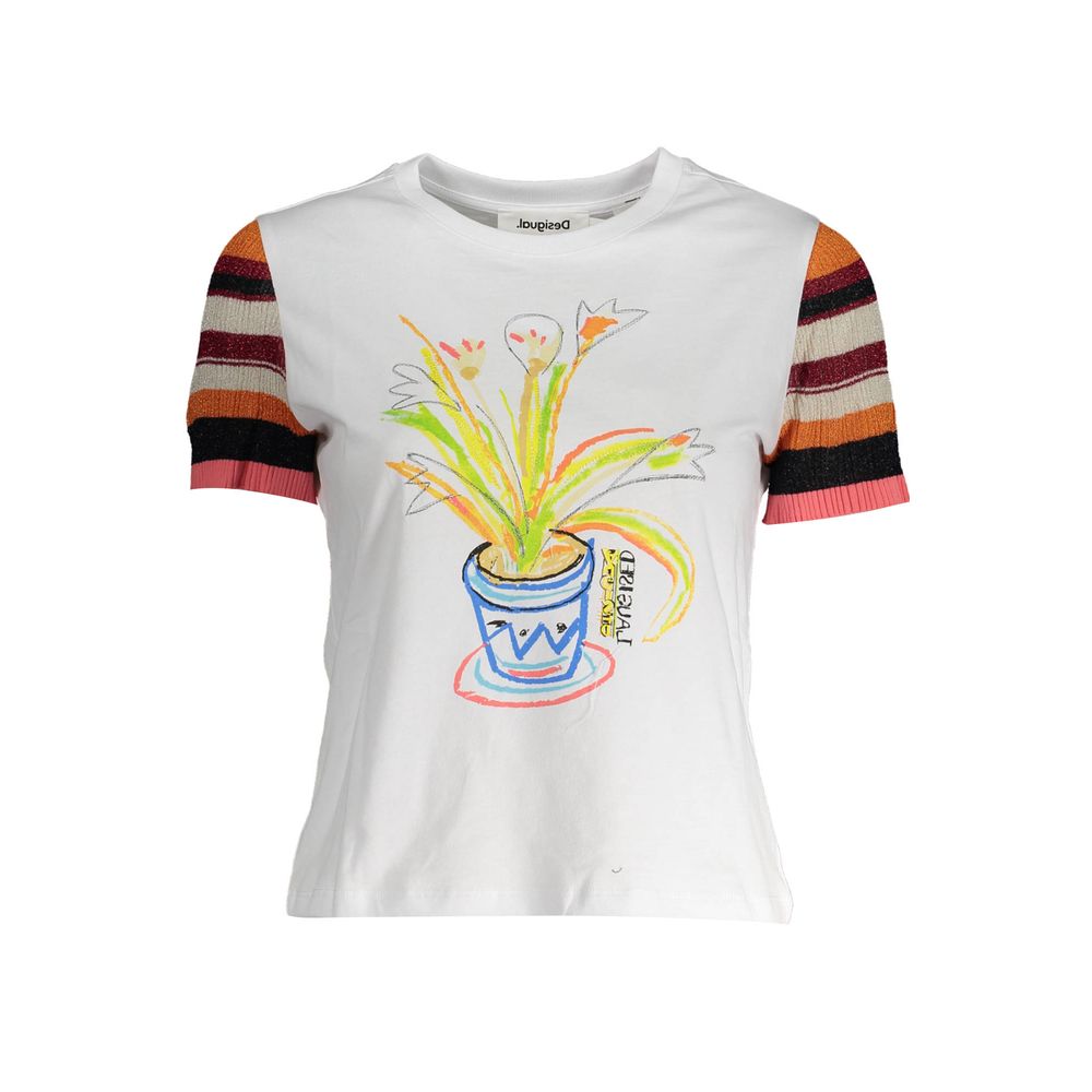 Desigual White Cotton Women T-Shirt with vibrant print and contrasting details, showcasing bold design and Desigual logo.