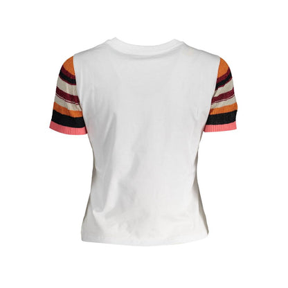 Desigual White Cotton Women T-Shirt with colorful sleeves and unique design, featuring vibrant patterns and quality craftsmanship.