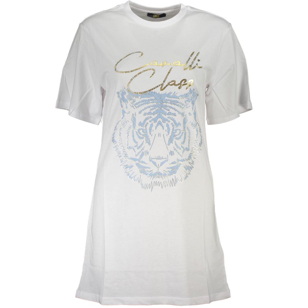 Cavalli Class White Cotton Women T-Shirt with short sleeves, chic round neckline, and eye-catching logo print in luxurious white.