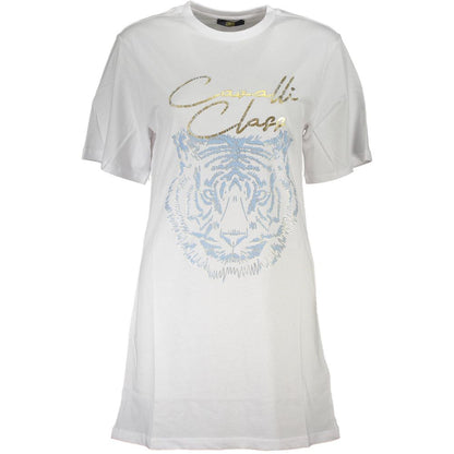 Cavalli Class White Cotton Women T-Shirt with short sleeves, chic round neckline, and eye-catching logo print in luxurious white.