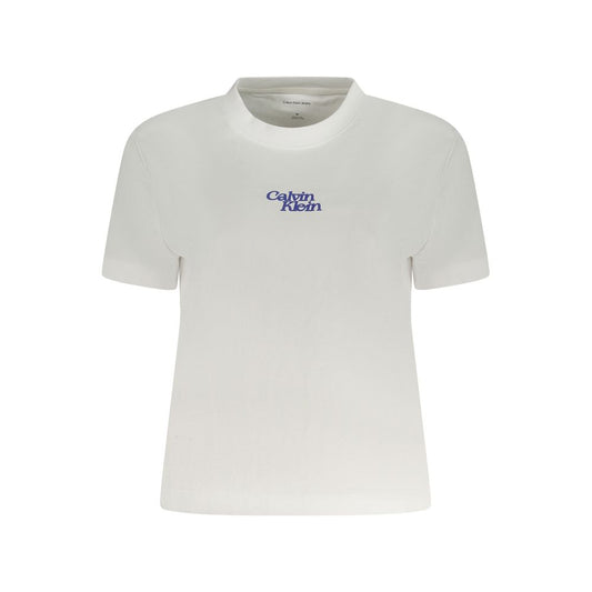Calvin Klein White Cotton Women T-Shirt with logo print, crew neck, short sleeves, perfect for designer fashion enthusiasts.