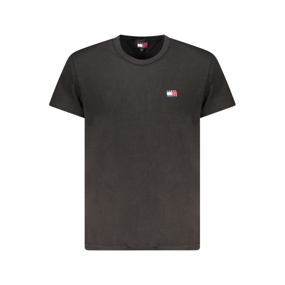 Tommy Hilfiger Black Cotton Men T-Shirt with logo embroidery and crew neck design, crafted from eco-friendly regenerative cotton.