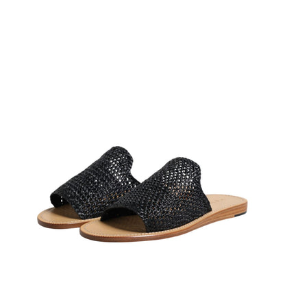 Dolce & Gabbana Black Monochrome Braided Raffia Slides Shoes