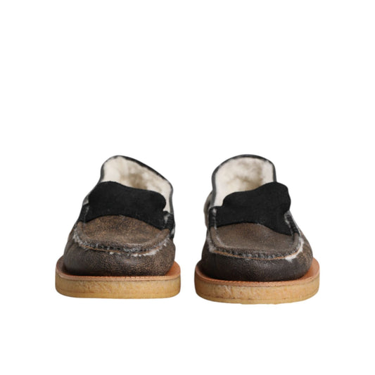 Dolce & Gabbana Brown White Calfskin Leather Loafers Shoes