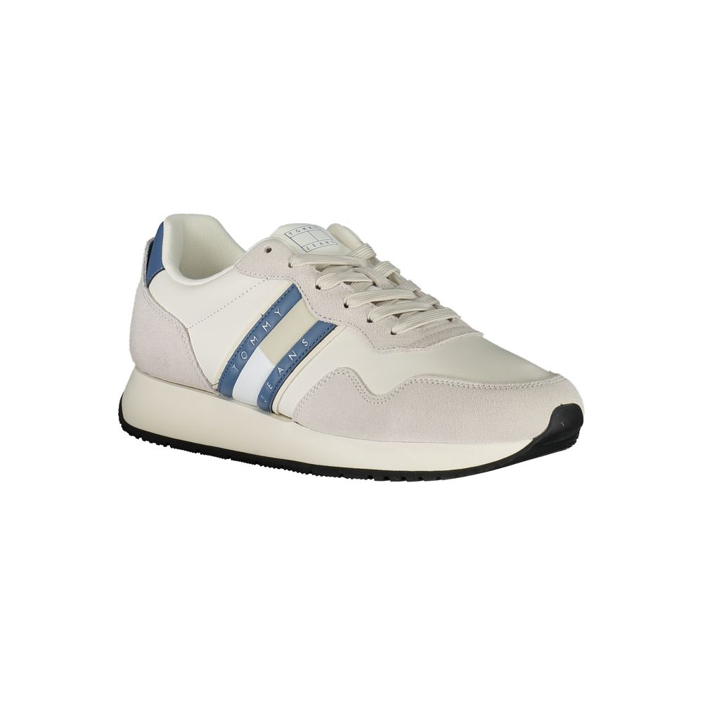 Tommy Hilfiger White Leather Men Sneaker with blue details, featuring a removable insole, perfect for casual style and comfort.