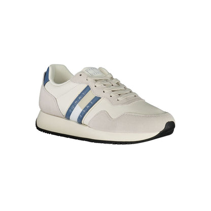 Tommy Hilfiger White Leather Men Sneaker with blue details, featuring a removable insole, perfect for casual style and comfort.