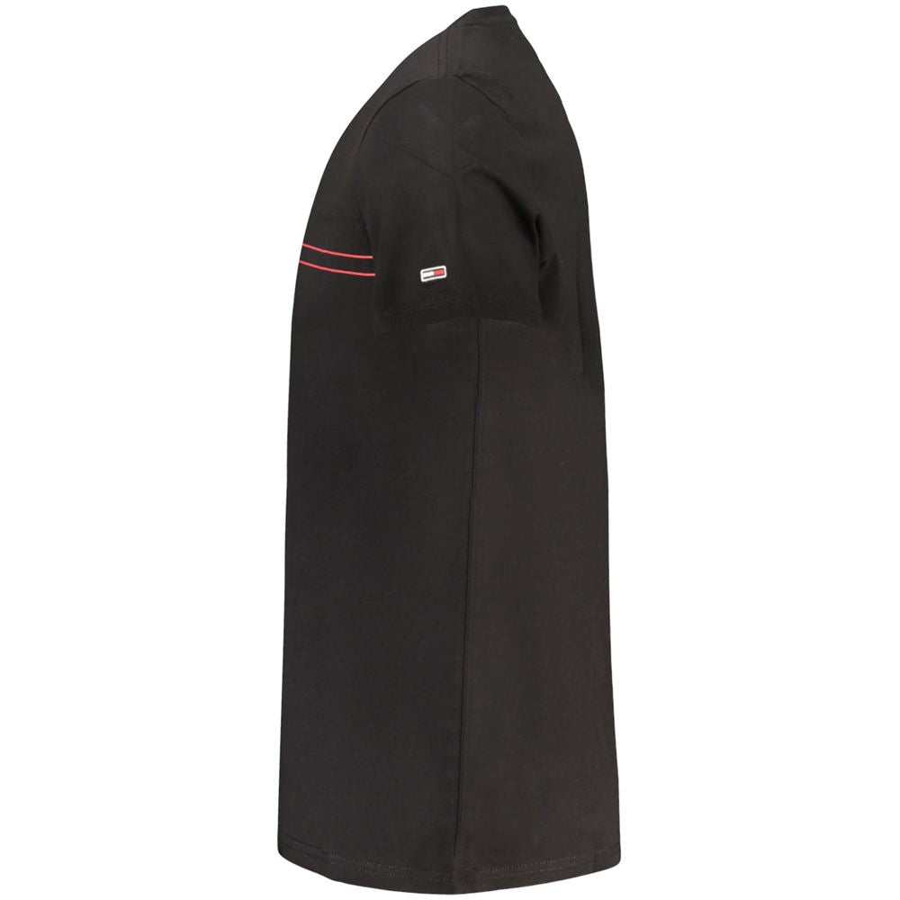 Side view of Tommy Hilfiger Black Cotton Men T-Shirt, showcasing the sleek design and iconic logo, crafted with eco-conscious materials.