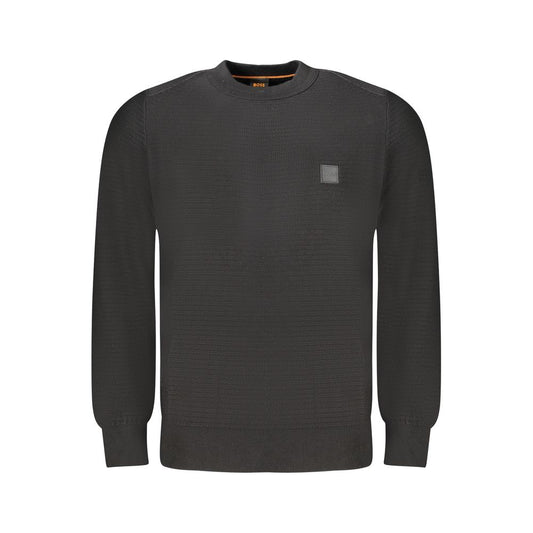 Hugo Boss Black Cotton Men Sweater with long sleeves and crew neck, featuring a logo accent, crafted from cotton and cashmere blend.