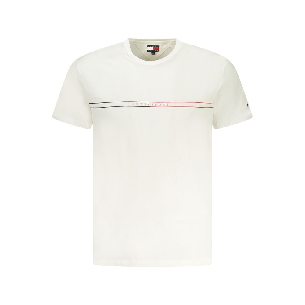 Tommy Hilfiger White Cotton Men T-Shirt with logo print, crew neck, and short sleeves, showcasing sustainable fashion and brand charm.