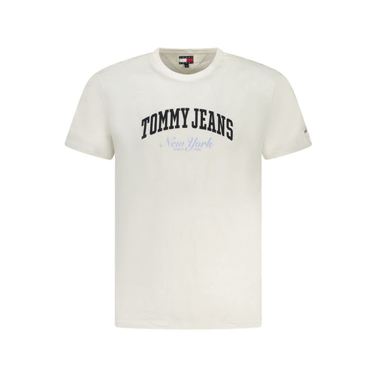 Tommy Hilfiger White Cotton Men T-Shirt with Tommy Jeans logo, classic crew neck style, made with 95% regenerative cotton.