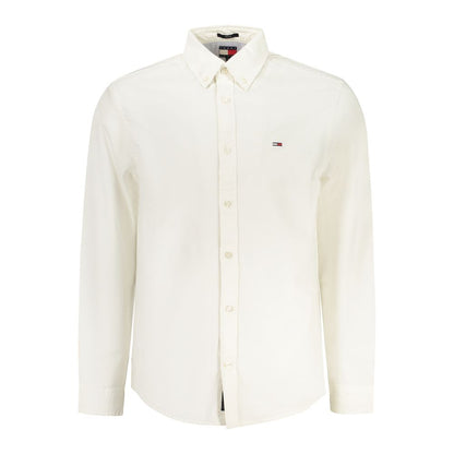 Tommy Hilfiger White Cotton Men Shirt, long sleeve, button-down collar, iconic logo, classic and contemporary style.