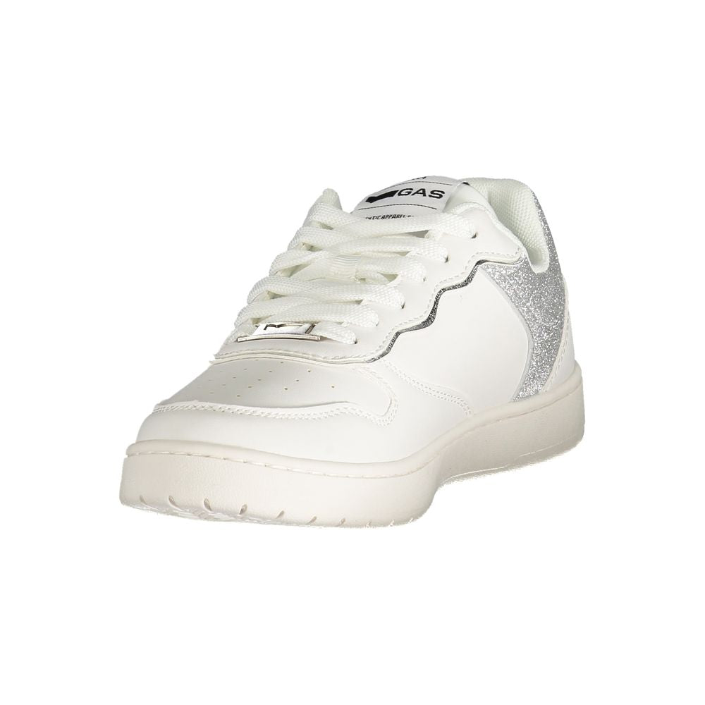 Gas White Polyester Women Sneaker with silver contrast details and iconic logo, perfect for trendsetting casual style.