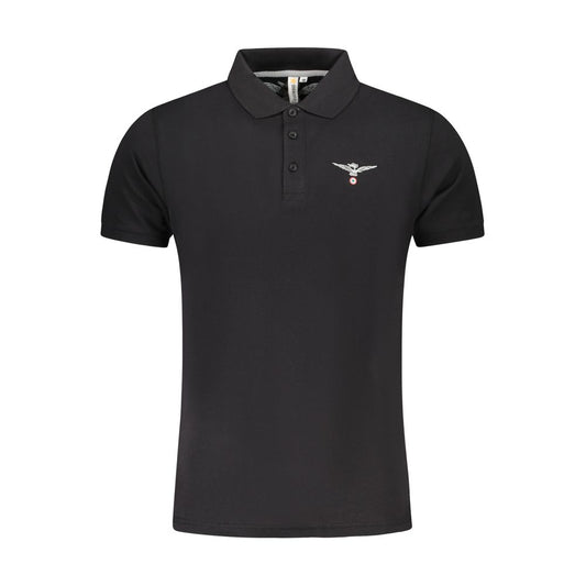 Accademia Militare Black Cotton Polo Shirt with eagle logo, short sleeves, and three-button design. Perfect for casual wear.