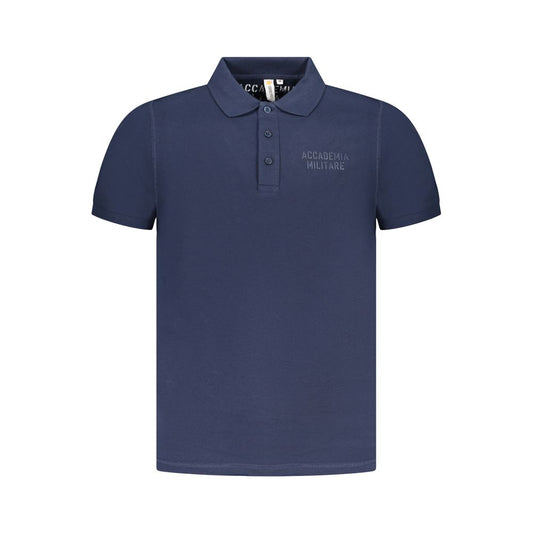 Accademia Militare Blue Cotton Polo Shirt with short sleeves and military academy logo, featuring 3 buttons and print details.