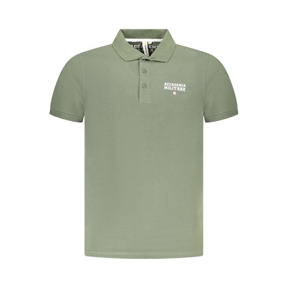 Accademia Militare Green Cotton Polo Shirt with short sleeves, 3 buttons, print, and logo design on a green background.