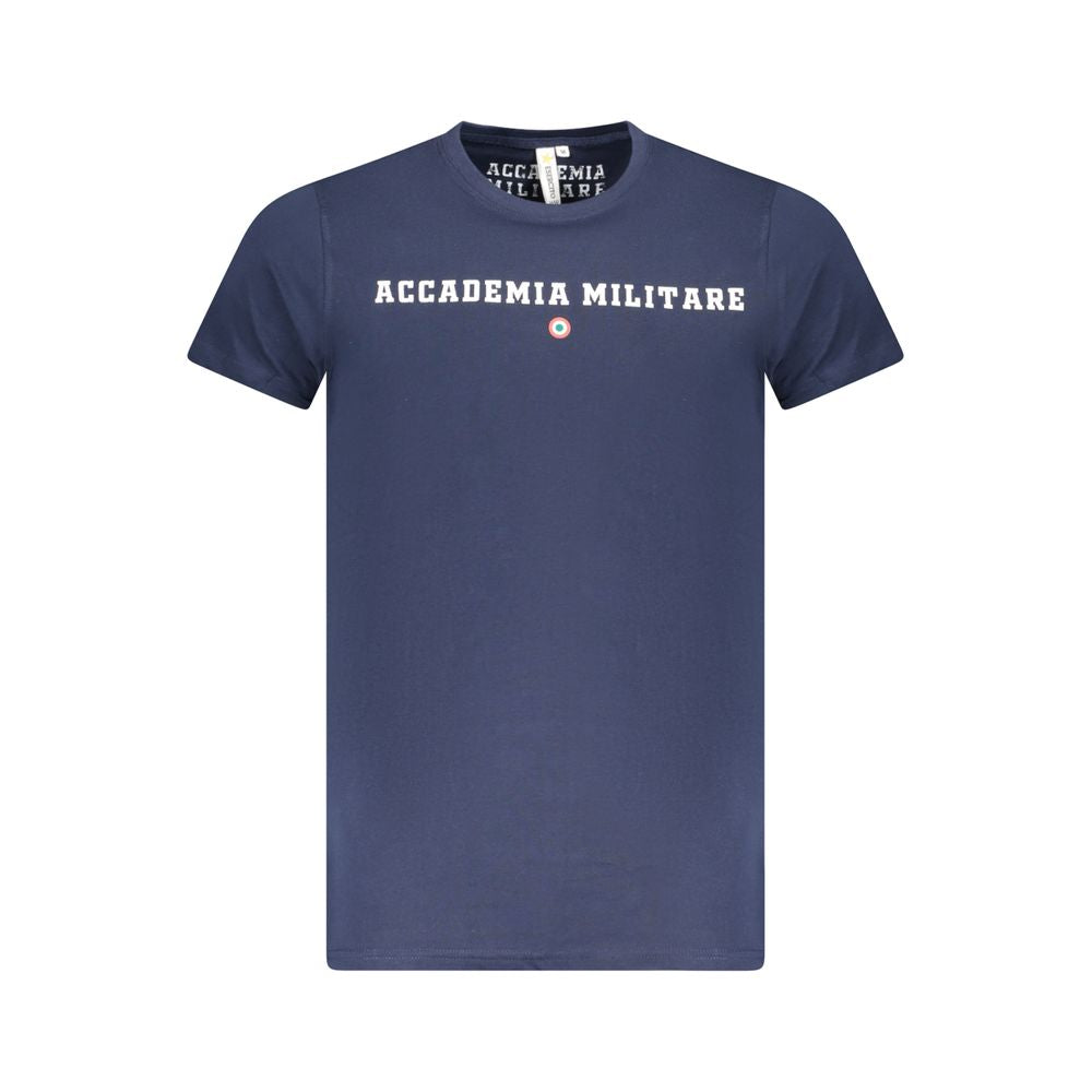 Alt Tag: Accademia Militare Blue Cotton T-Shirt with short sleeves, crew neck, logo, and print design.