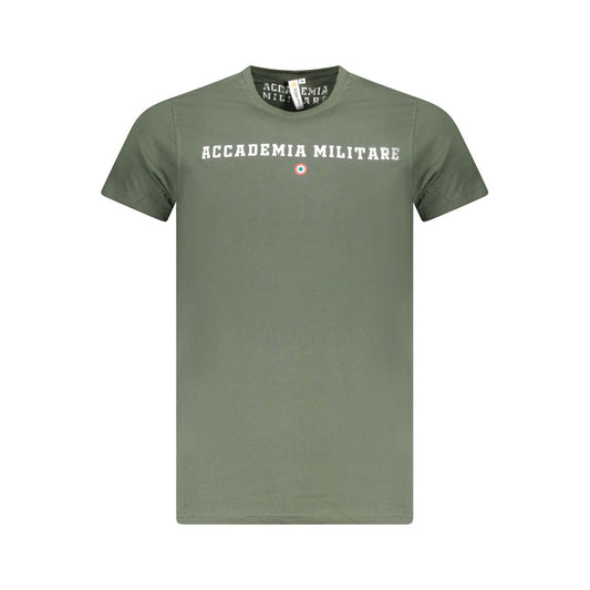 Accademia Militare Green Cotton T-Shirt with logo, crew neck, short sleeves, and contrast design, front view.