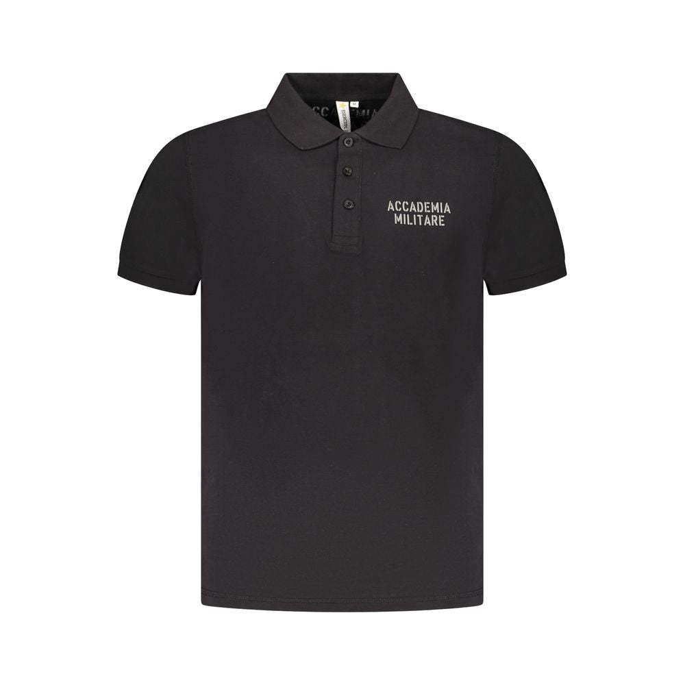 Accademia Militare Black Cotton Polo Shirt with short sleeves and logo print, featuring 3 buttons. Perfect for casual wear.
