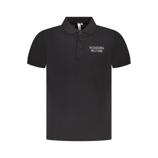 Accademia Militare Black Cotton Polo Shirt with short sleeves, military academy logo, and three buttons, featuring printed design.