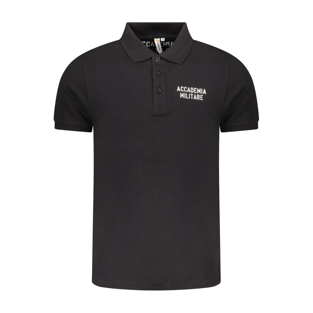 Accademia Militare Black Cotton Polo Shirt with short sleeves, contrast logo, 3 buttons, and stylish print.