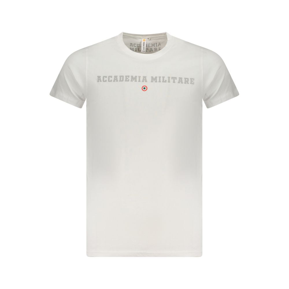 Alt Tag: Accademia Militare White Cotton T-Shirt with logo, short sleeve, crew neck, and extended academy print, ideal for casual wear.