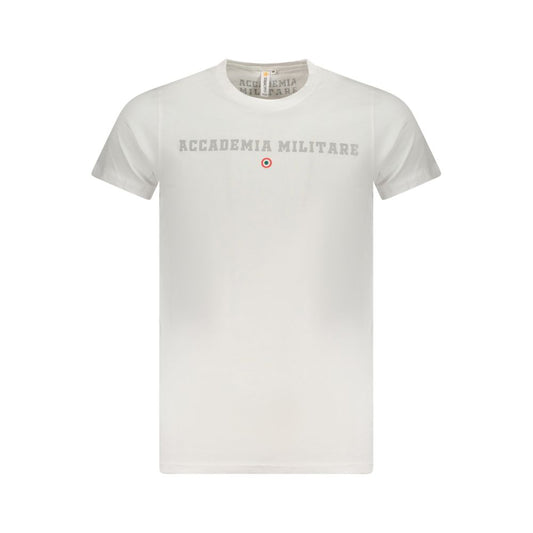 Alt Tag: Accademia Militare White Cotton T-Shirt with logo, short sleeve, crew neck, and extended academy print, ideal for casual wear.