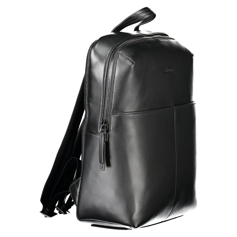 Calvin Klein Black Polyethylene Backpack with adjustable straps, multiple pockets, and logo, perfect for daily use and organization.
