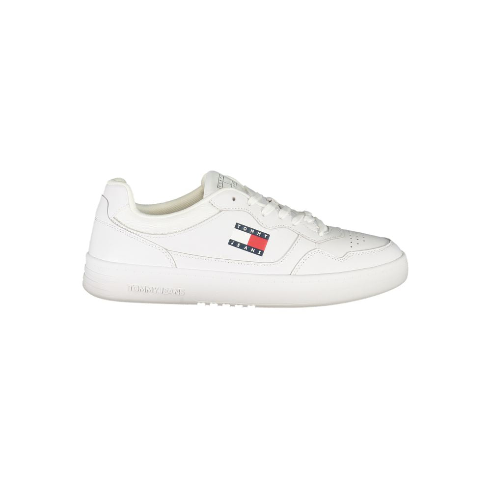 Tommy Hilfiger White Leather Mens Sneaker with signature logo and sporty design, crafted for style and comfort.